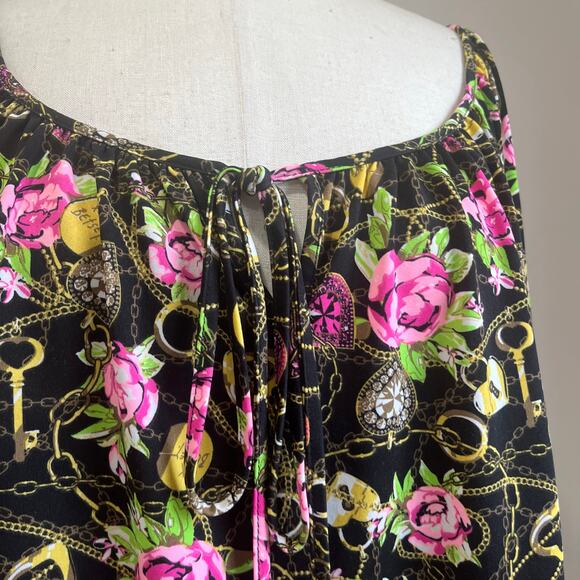 Betsey Johnson Floral Chain Print Blouson Top XL Pink Roses Boho Glam - Picture 4 of 10